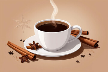 Obraz premium Coffee Cup with Cinnamon Sticks and Star Anise on Light Brown Background