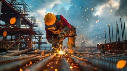Worker welding steel on a construction site, sparks flying, protective gear, focused task