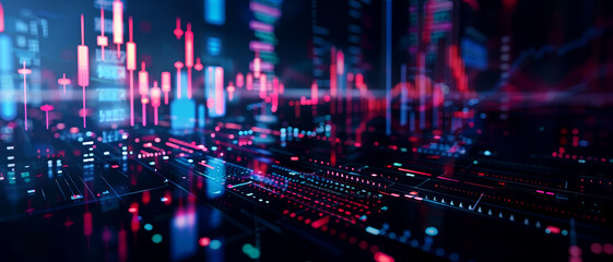 Virtual stock market with digital graphs, financial technology, futuristic design, dark background, copy space