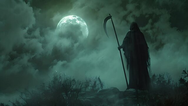 Grim Reaper Under Moonlit Sky with Ai generated.

