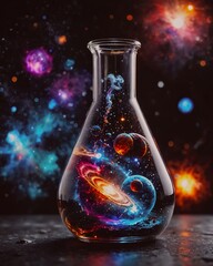 An Erlenmeyer flask with cosmic universal energy and planets and around it. 