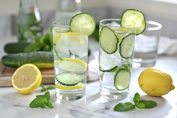 diet water. Cucumber, lemon, mint lemonade in glasses