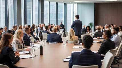 Back view of attendees in the conference room during a business event. Speaker delivering a speech.