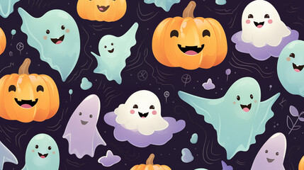 Adorable Ghosts and Pumpkins Seamless Pattern