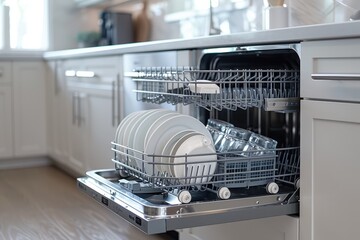 A dishwasher is full of plates and silverware