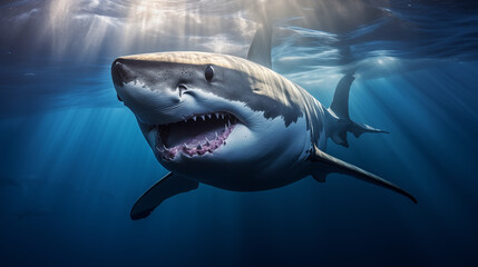 Fototapeta premium Great White Shark Close-Up Under Sunlit Waters