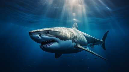 Naklejka premium Great White Shark Gliding Through Ocean Waters