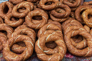 Turkish sesame bread called simit. Turkey, Nazilli.