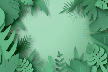 Green tropical leaves and foliage plant in green flat color background with space for text