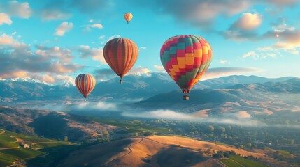 Fototapeta premium Group of hot air balloons in mountains at sunrise