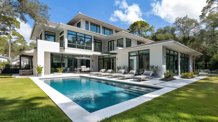 Fototapeta premium Luxurious modern house with pool, bright sunny day.