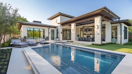 Obraz premium Luxurious modern house with pool, bright sunny day.