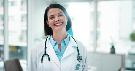 Doctor, face and job in health facility with experience for wellness, healthcare and research. Mature woman, smile and happy in hospital as medical consultant for cardiology, medicine or patient care