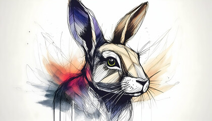 Abstract Charcoal pencil quick sketch of an unique abstract colorful rabbit logo on digital art concept.