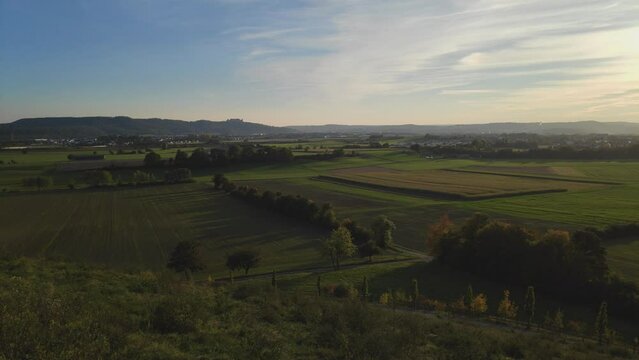 A view of the region around Coburg in Upper Franconia with the fortress known as Veste Coburg in the distance. Coburg, Germany, Europe