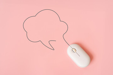 For communication concept, top view of white  mouse with blank speech bubble shape ,copy space included on pink background