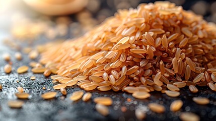 Obraz premium A scattering of raw, uncooked brown rice grains, showcasing their natural texture and earthy tones, 