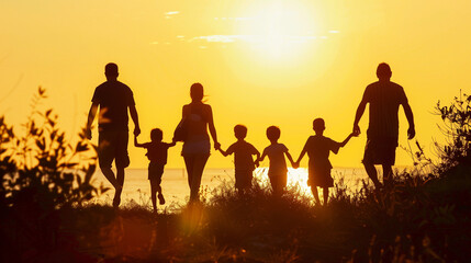 Happy family walking along beach holding hands at sunset