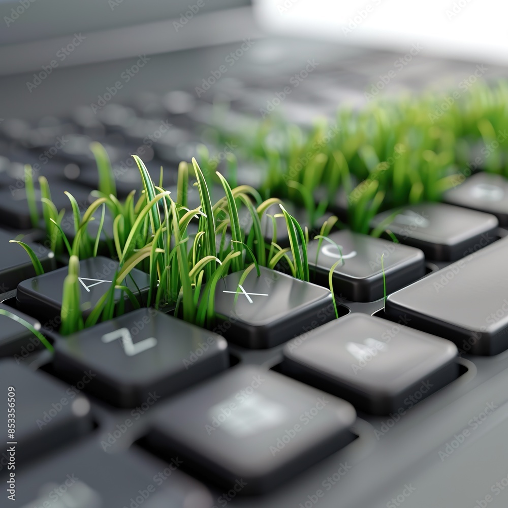 Wall mural computer keyboard with german layout, grass growing out of keyboard, full keyboard visible. the powe