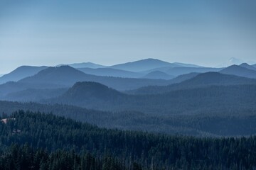 View of mountains and forest from Crater Lake National Park, Oregon, United States of America.