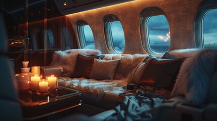 Inside a luxury jet plane with a comfortable seat. Premium travel concept