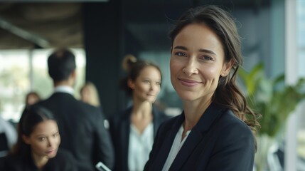 Fototapeta premium Smiling confident business leader looking at camera and standing in an office at team meeting. Portrait of confident businesswoman with colleagues in boardroom. Using digital tablet during a meeting.
