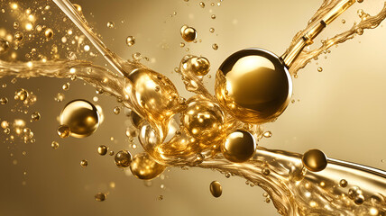 Obraz premium Cosmetic gold serum liquid bubbles collide and bounce