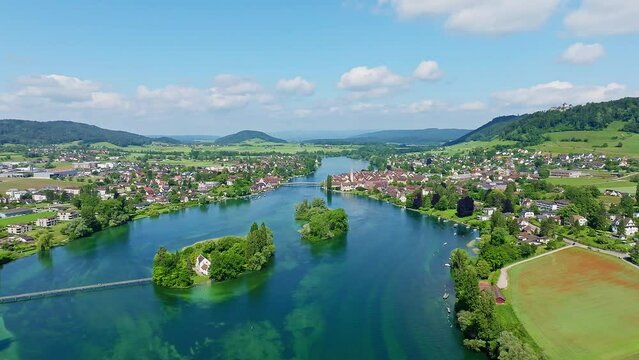 Aerial view of the Werd archipelago in the westernmost part of Lake Constance, Lake Rhine, between Eschenz and Stein am Rhein, Canton Thurgau, Switzerland, Europe