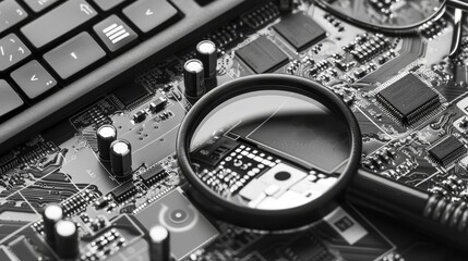 Cybersecurity digital forensics top view demonstrating techniques to investigate cyber crimes digital tone Black and white