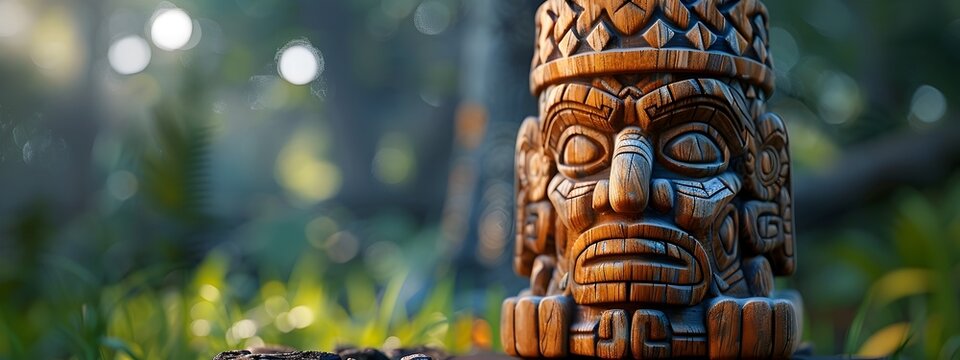Ethnic Wooden 3D Rendered Tribal Statue with Carved Facial Features and Intricate Patterns