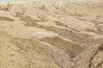 Romania, Buzău County, Berca. Geological ,botanical reservation Vulcanii Noroioși de la Paclele Mici. Small volcano-shaped structures caused by eruption of  natural gases.