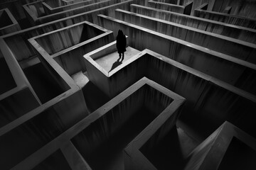 Dark artwork of a woman lost in a maze, mental health concept