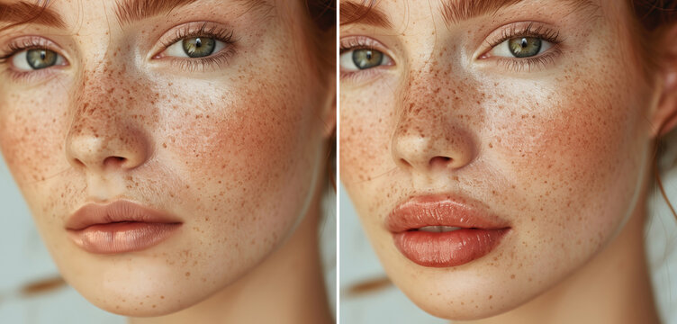 Cropped shot of young ginger woman's face with lips before and after lip enhancement. Injection of filler in lips. Lip augmentation.	