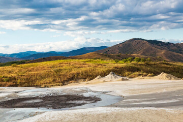 Romania, Buzău County, Berca. Geological ,botanical reservation Vulcanii Noroioși de la Paclele Mici. Small volcano-shaped structures caused by eruption of  natural gases.