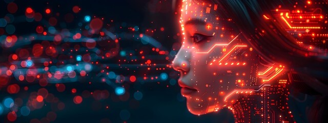 Fototapeta premium Futuristic Computer Head with Glowing Neon Circuits and Holographic Data Streams in Cinematic