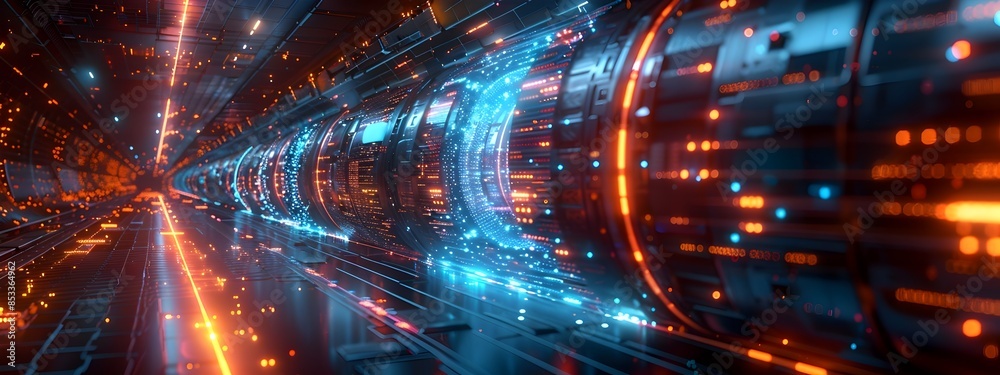 Poster captivating holographic quantum core with mirrored surface and cascading code visualizations