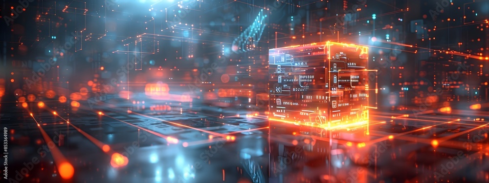 Poster autonomous quantum core with holographic data visualizations and minimalist retrofuturistic