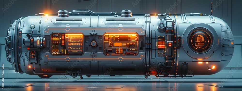 Poster autonomous quantum computer core with sleek metallic chassis and levitating data console