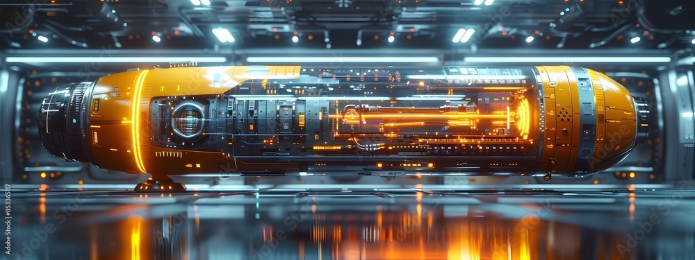 Poster autonomous quantum computer core with sleek metallic chassis and glowing interface