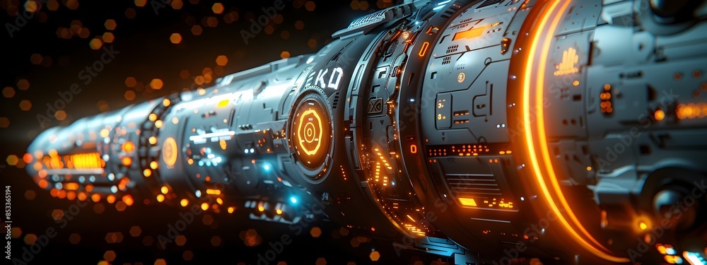 Poster sleek metallic autonomous command module with pulsing holographic interface in cinematic dystopian