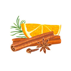 Orange slice, cinnamon sticks, rosemary sprig, star anise, cloves on white. Ingredients for mulled wine. Hand drawn watercolor illustration. For design, menu, cards, invitations, congratulations