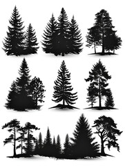 set of black silhouette pine tree forests on white background
