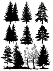 Obraz premium set of black silhouette pine tree forests on white background