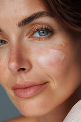 Fototapeta premium Close-Up Photo of Middle-Aged Woman Applying Face Cream, Daily Anti-Aging Skincare Routine