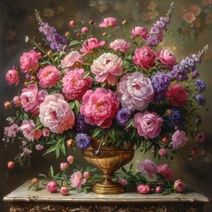 A beautiful bouquet of peonies in a vase, in a painted style. 