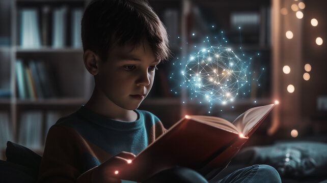 Young reader absorbed in book, neural connections illustrated