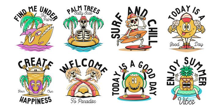 Summer vacation t shirt designs bundle, Skeleton vector set holiday, Summer graphic illustration collection