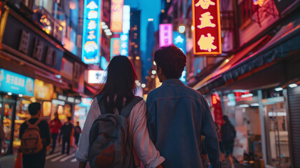 Fototapeta premium Man and woman surrounded by shimmering Japanese city lights
