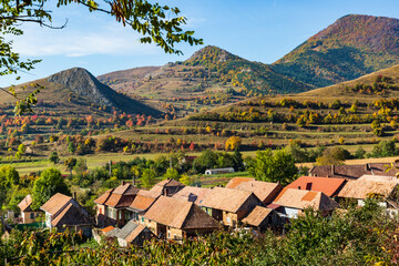 Europe, Romania, Transylvania.  Territorial view, small village near mountains and fields.
