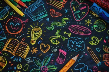 Colorful back-to-school doodles on a chalkboard